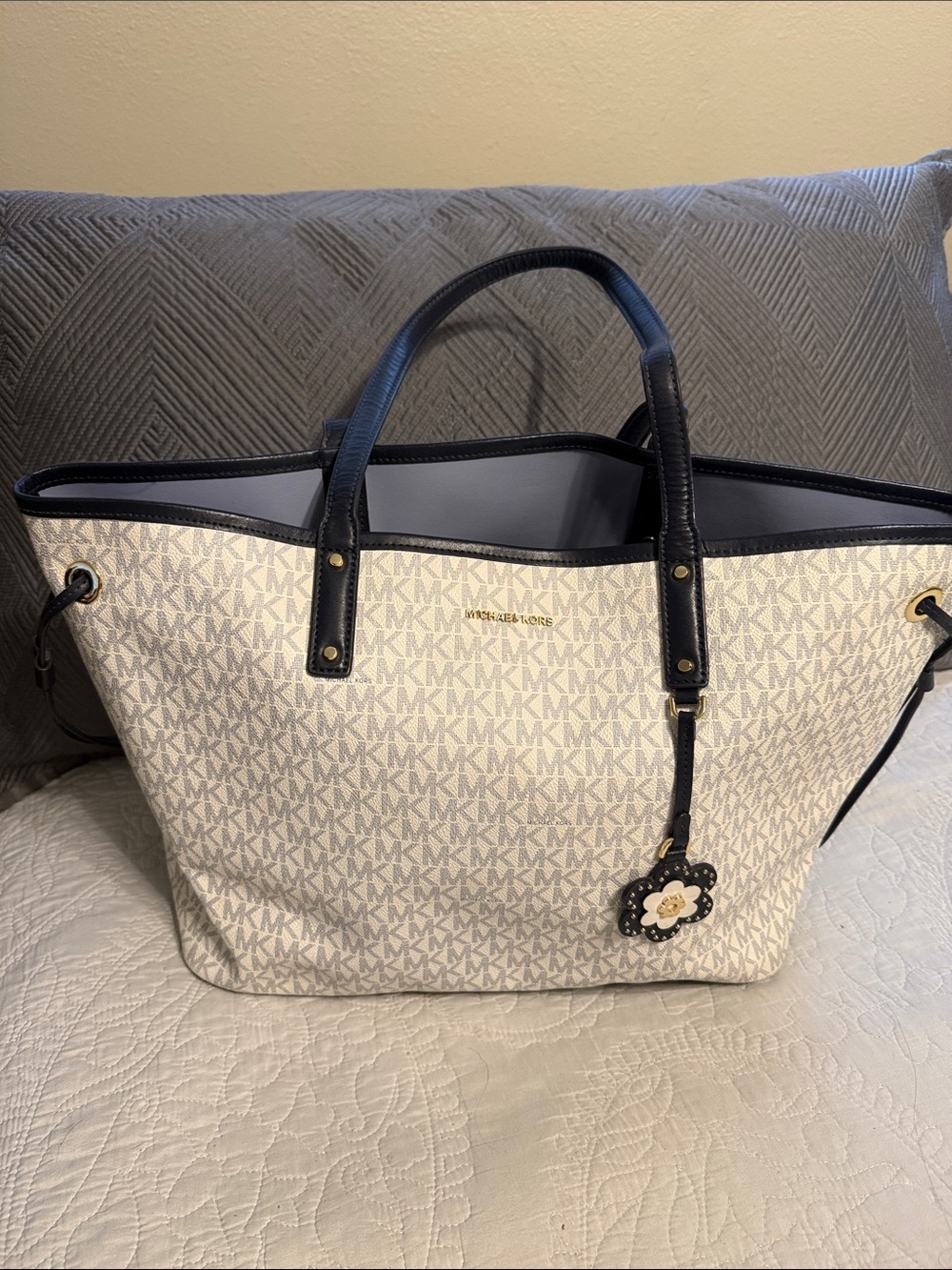 Michael Kors Cream Logo Tote with Navy trim.